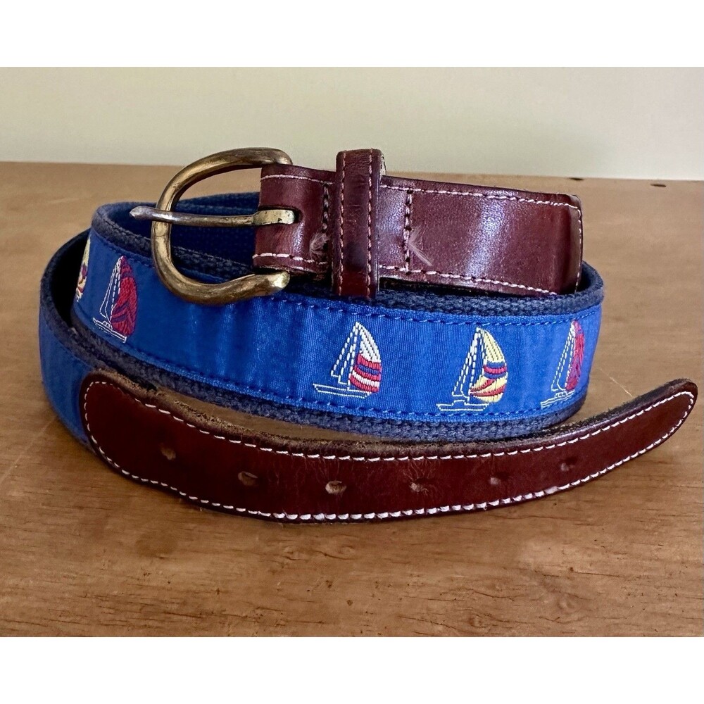 Leather Man Blue Belt Ltd. Sailboat Theme Size 42 Canvas Brass Buckle EUC